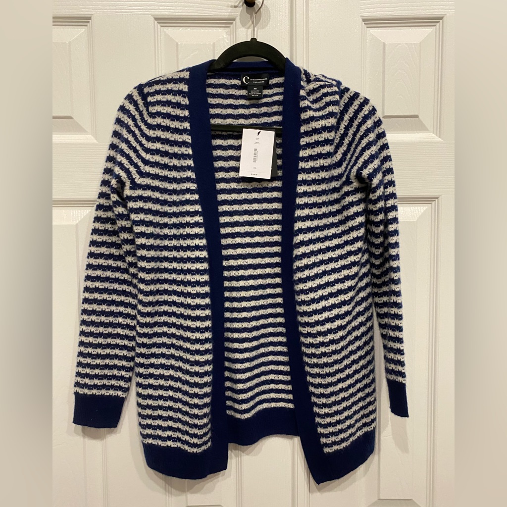New! Womens C By Bloomingdale’s Navy And White Striped Cardigan Size Xs